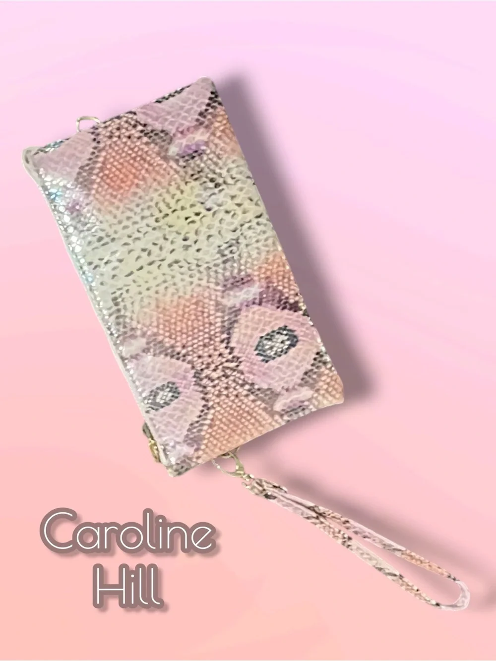 Caroline Hill Pink Holographic Snakeskin Wristlet Clutch Travel Wallet